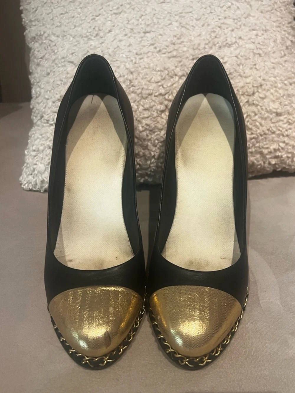 Authentic CHANEL Black Leather Pumps with Gold Cap Toe and Chain Trim
